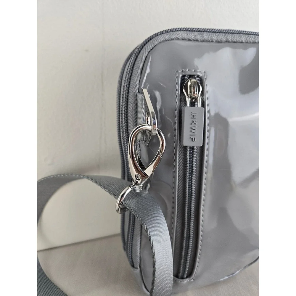 IHKWIP Grey Patent‎ Crossbody Phone Bag Small Messenger Travel Tech Organizer